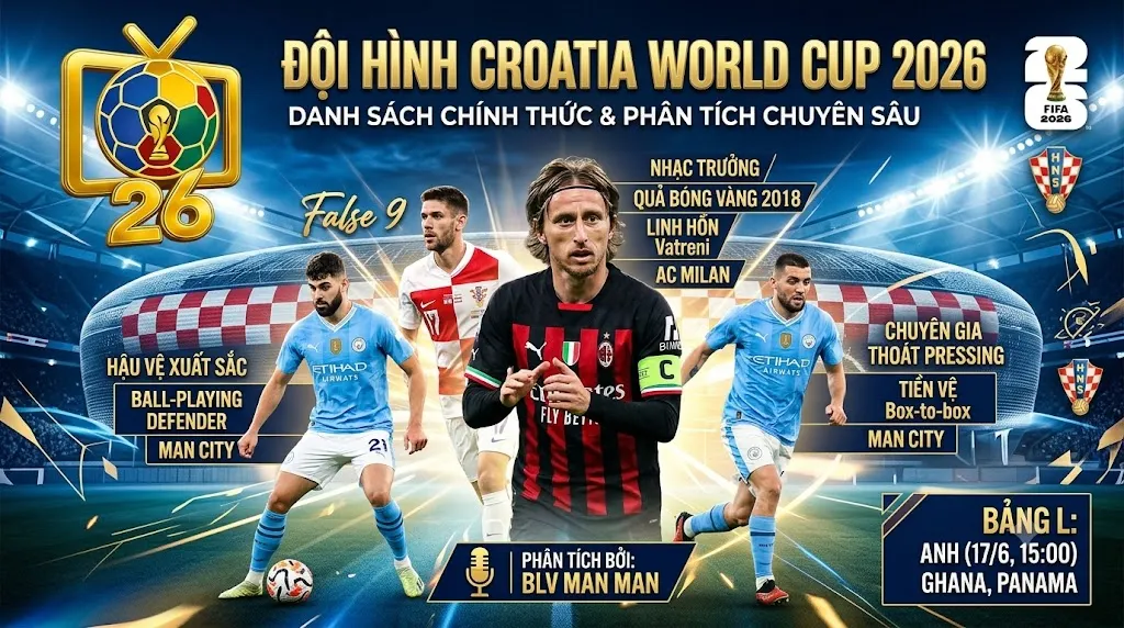 Ảnh ghép đồ họa giới thiệu 3 ngôi sao nổi bật nhất của đội tuyển Croatia tham dự World Cup 2026 trên Thapcamtv: Đội trưởng Luka Modrić (nhạc trưởng), Hậu vệ xuất sắc Joško Gvardiol và Tiền vệ kỹ thuật Mateo Kovačić, kèm theo các đặc điểm chiến thuật chính của từng người.
