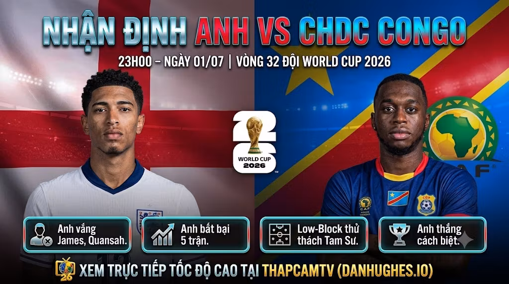 Hình ảnh nhận định trước trận đấu Anh vs CHDC Congo vòng 32 đội World Cup 2026, cập nhật thông tin lực lượng và phong độ mới nhất từ chuyên gia Thapcamtv.